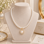 Classic Pearl Strand Necklace with Crystal Halo Pendant