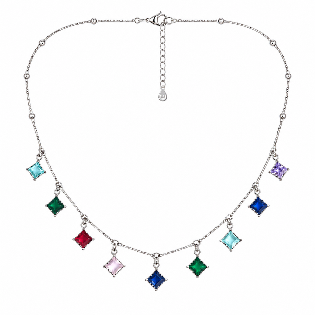 Rainbow Square Charm Silver Necklace for women