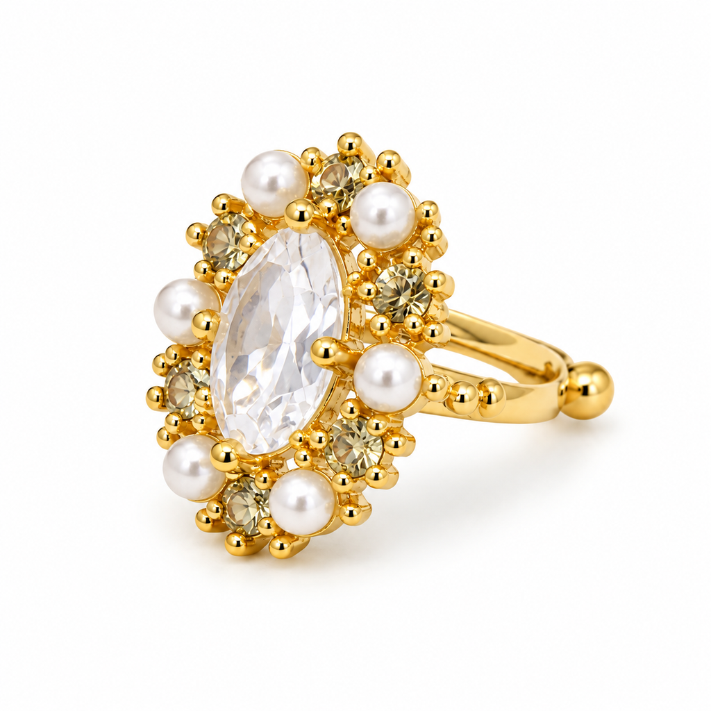Gold-Plated Adjustable Cocktail Ring with Teardrop Crystal, Pearls & Stone Embellishments for Women