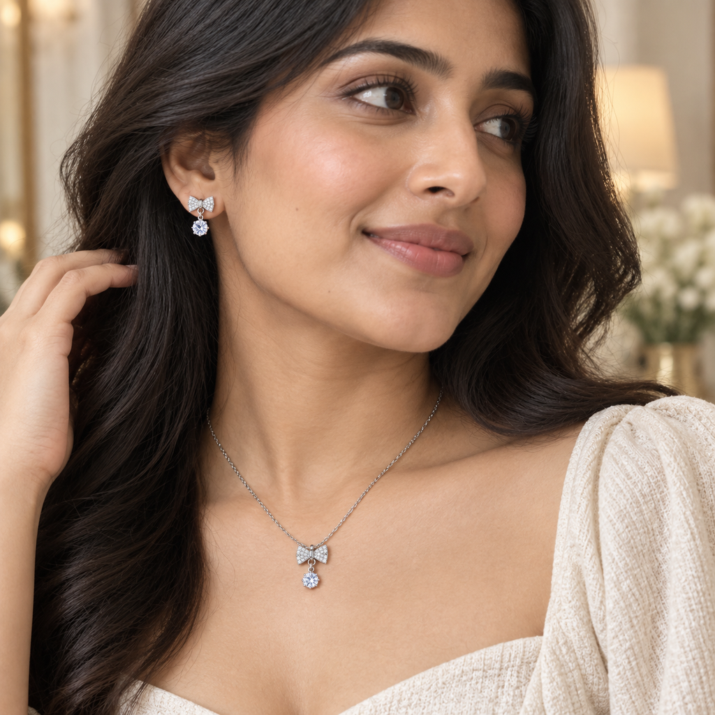 Silver Bow Pendant Necklace Set for women