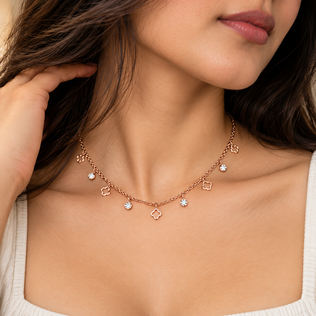 Clover Sparkle Rose Gold Charm Necklace for women