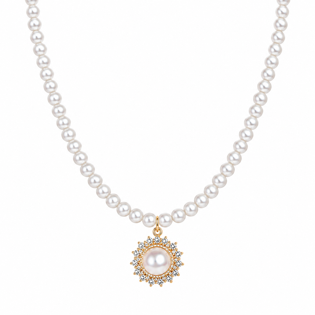 Classic Pearl Strand Necklace with Crystal Halo Pendant