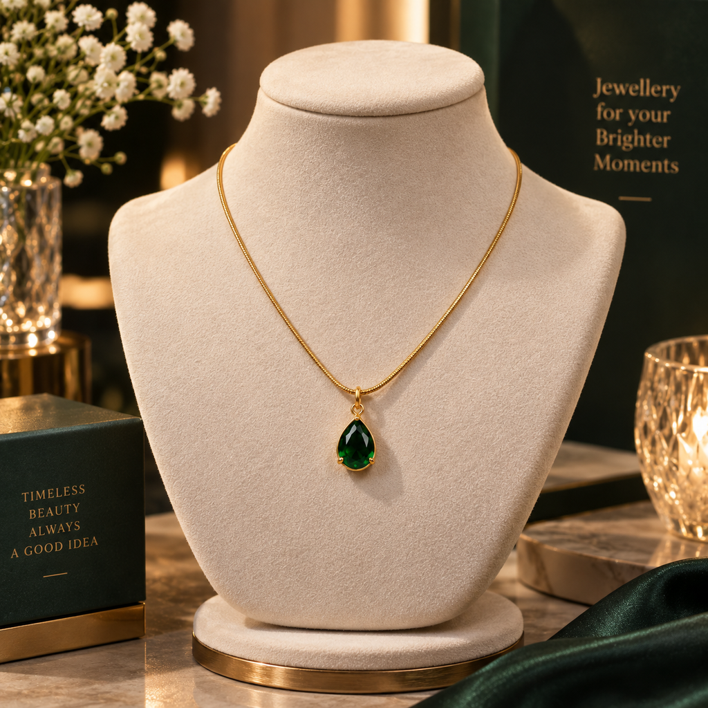 Emerald Green Teardrop Pendant Gold-Tone Necklace