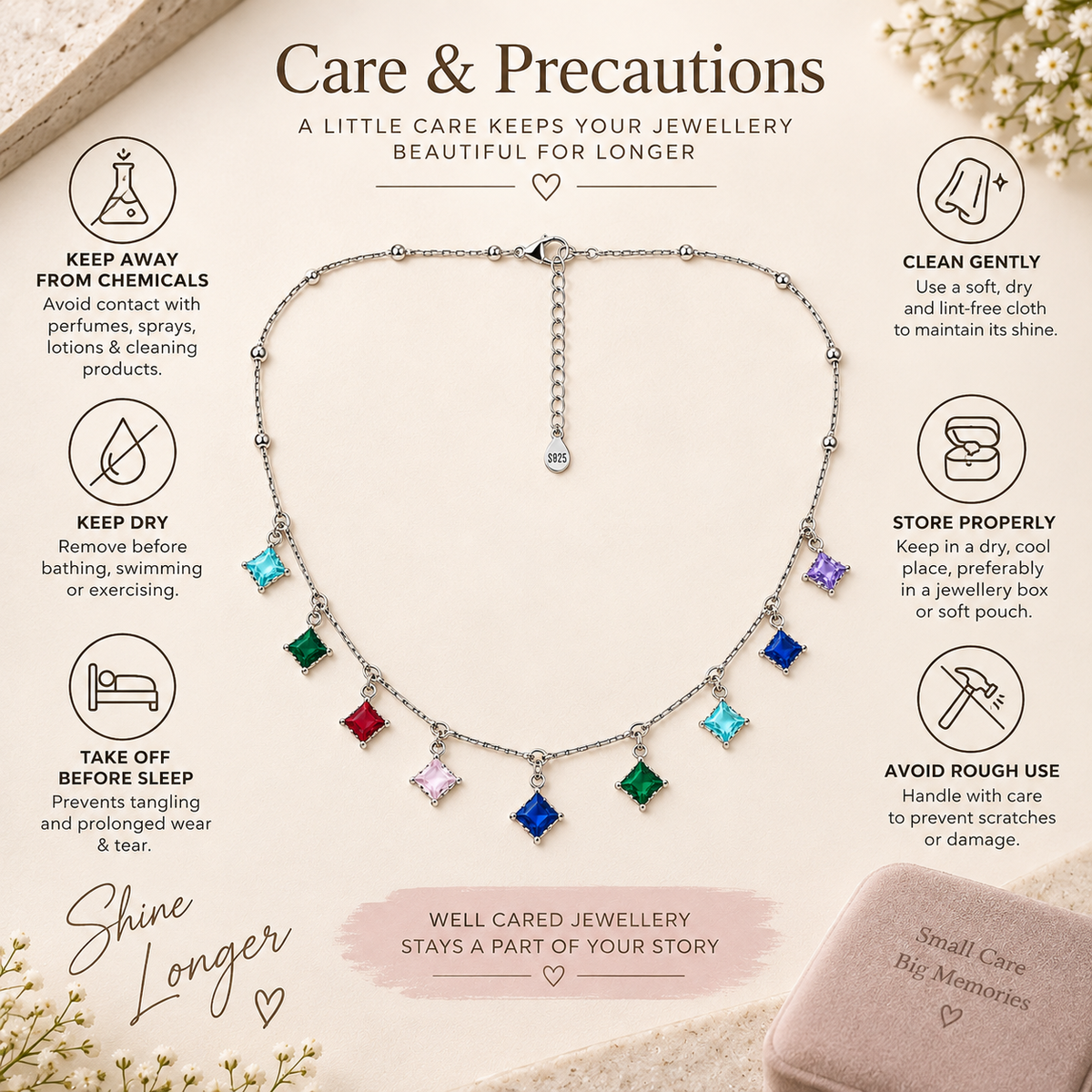 Rainbow Square Charm Silver Necklace for women