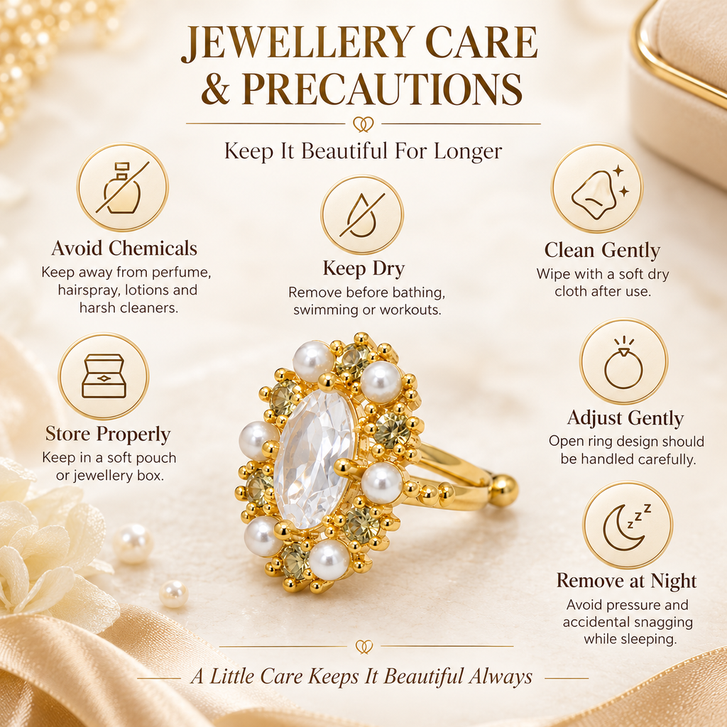 Gold-Plated Adjustable Cocktail Ring with Teardrop Crystal, Pearls & Stone Embellishments for Women