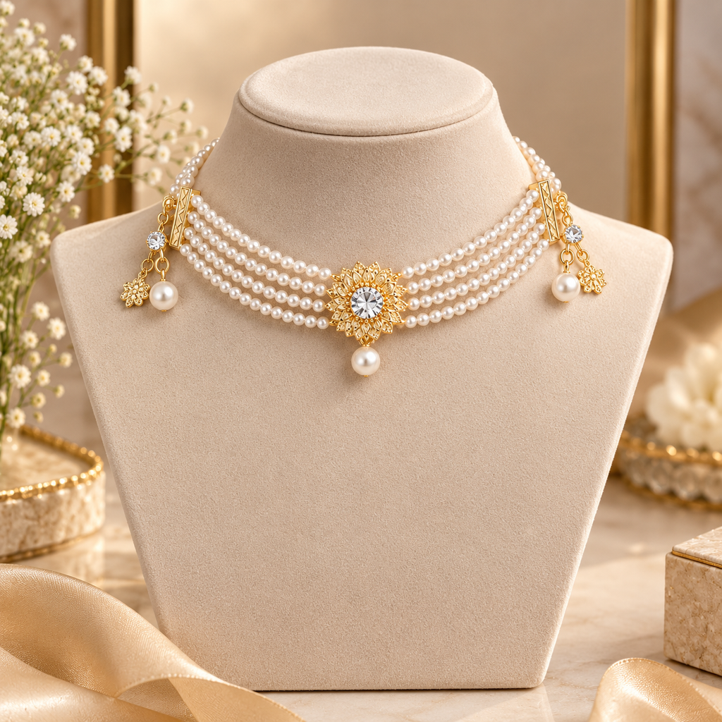 Royal Multi-Strand Pearl Bracelet with Crystal Floral Charm
