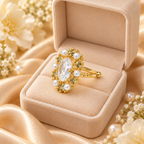 Gold-Plated Adjustable Cocktail Ring with Teardrop Crystal, Pearls & Stone Embellishments for Women