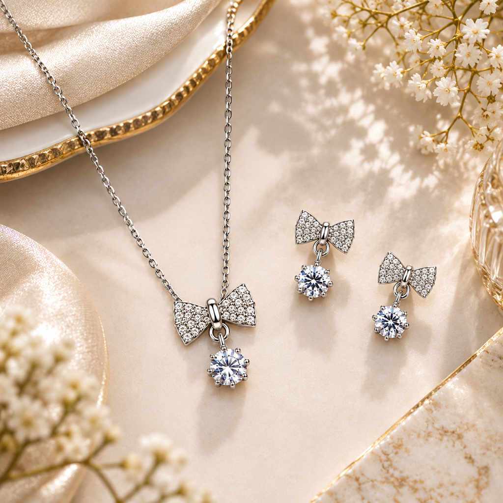 Silver Bow Pendant Necklace Set for women