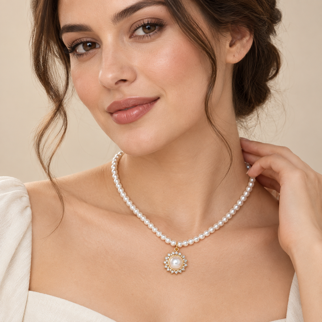 Classic Pearl Strand Necklace with Crystal Halo Pendant