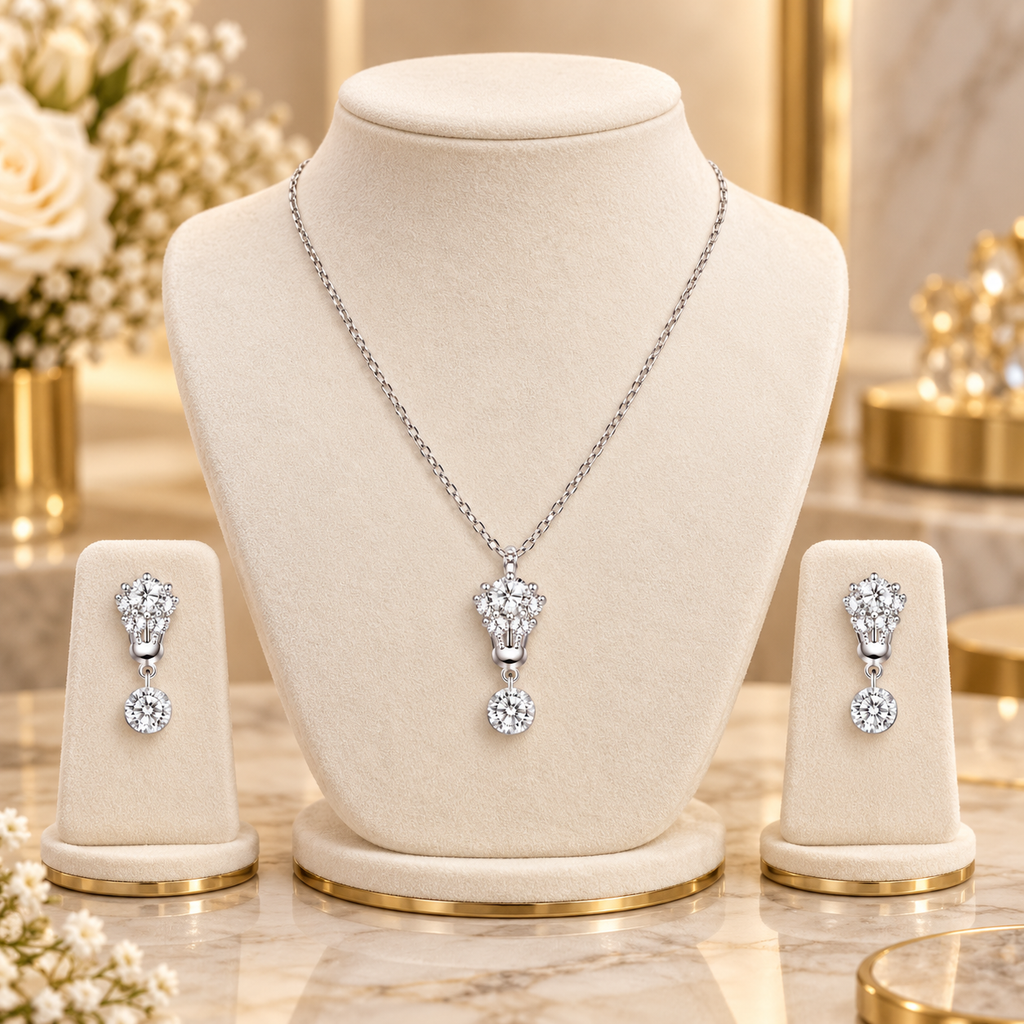 Silver Crystal Drop Necklace Set for women