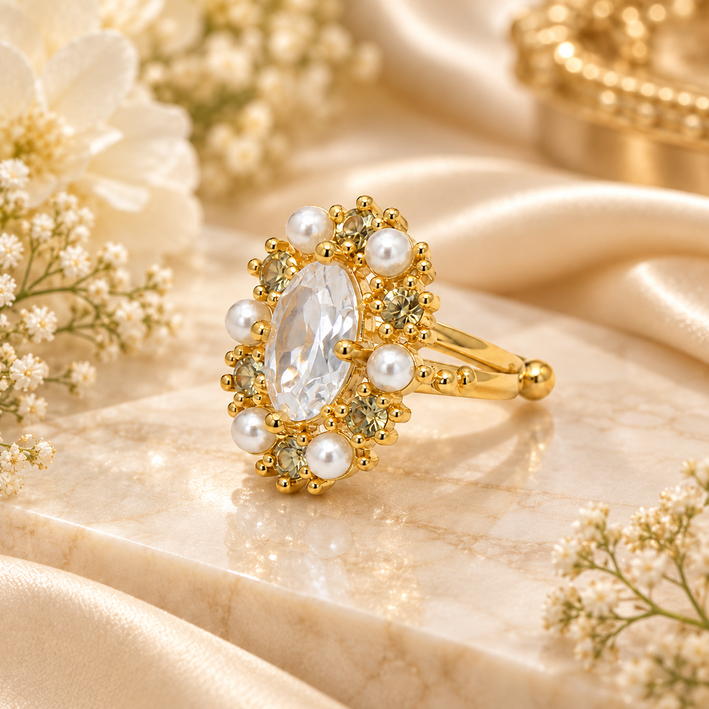 Gold-Plated Adjustable Cocktail Ring with Teardrop Crystal, Pearls & Stone Embellishments for Women