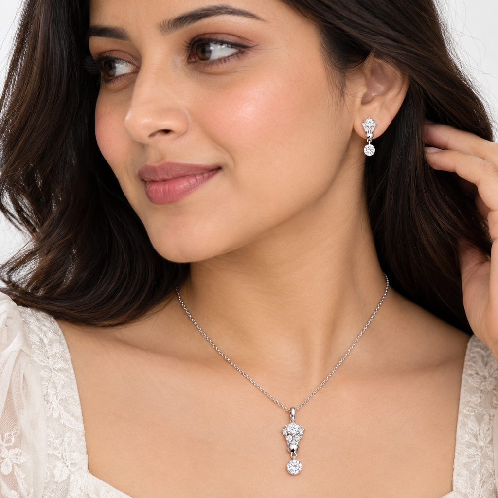Silver Crystal Drop Necklace Set for women