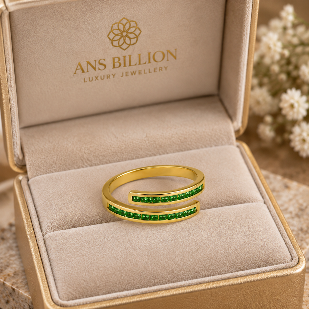 Gold-Plated Open Ring with Green Cubic Zirconia Stones