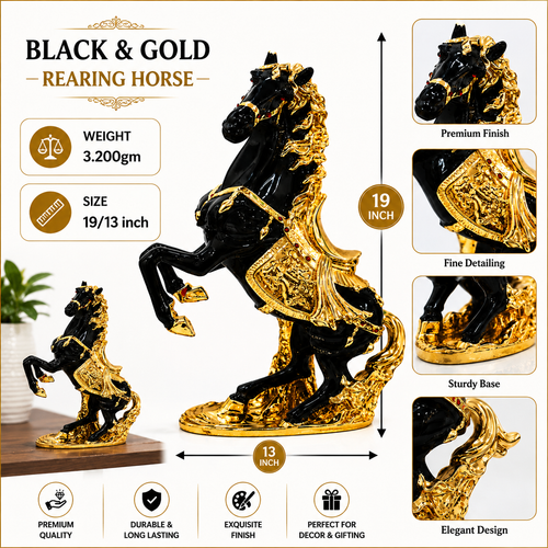 Black and Gold polyresin rearing horse showpiece with a premium finish and sturdy base.