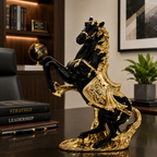 Black and Gold polyresin rearing horse showpiece with a premium finish and sturdy base.
