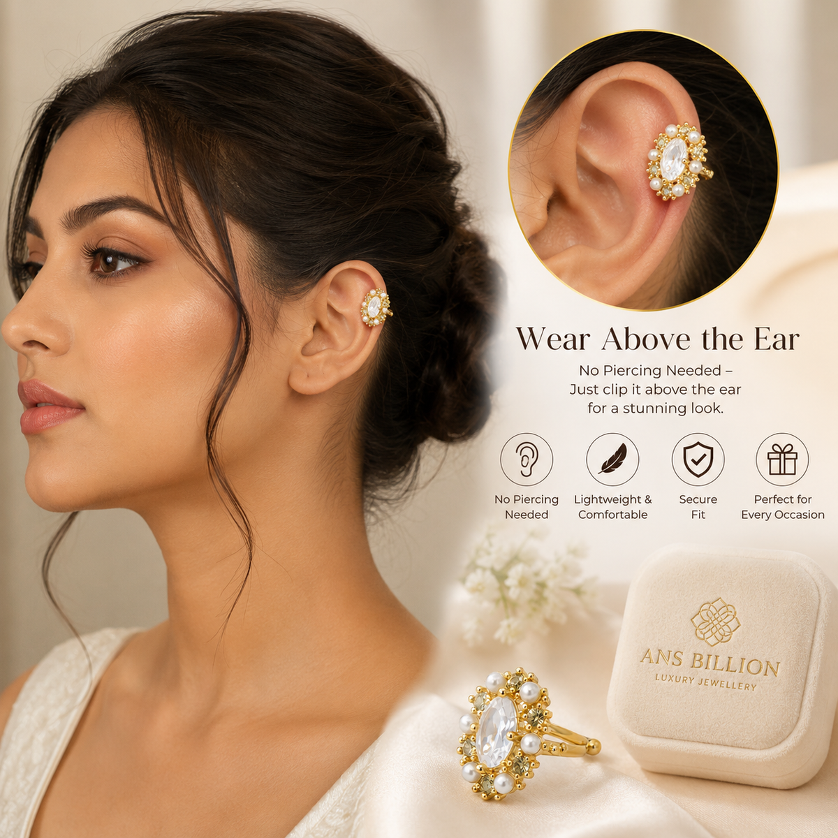 Women's Gold-Toned Pearl & White Stone-Studded Floral Statement Ear Cuff