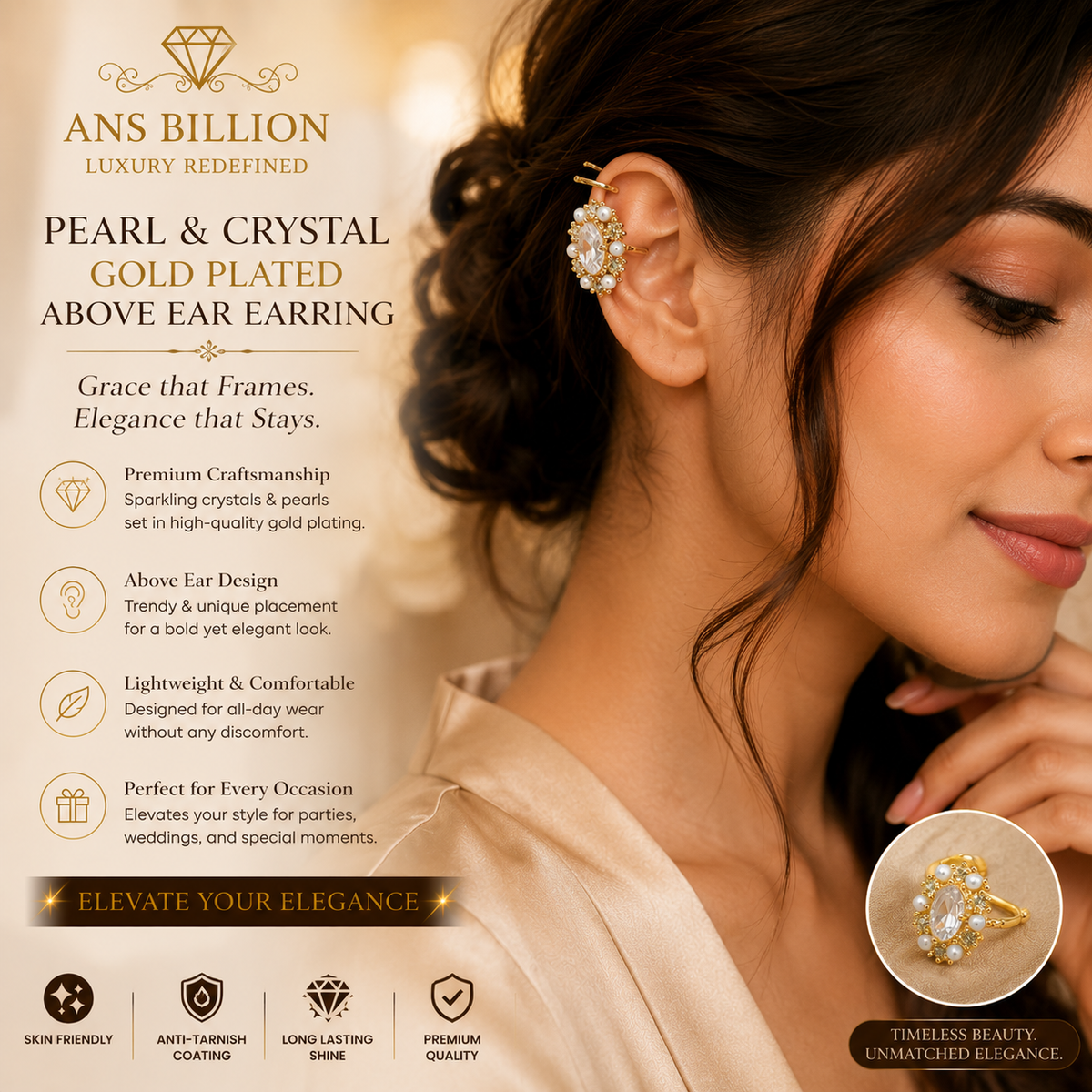Women's Gold-Toned Pearl & White Stone-Studded Floral Statement Ear Cuff