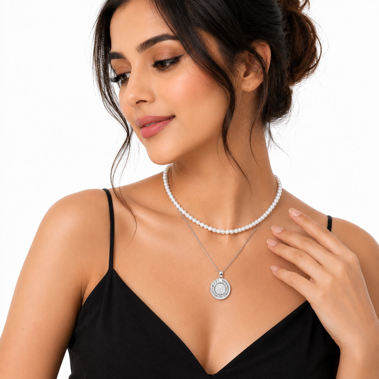 Elegant Double Layer Necklace Elevate your everyday style with this modern geometric pendant necklace and matching earrings.