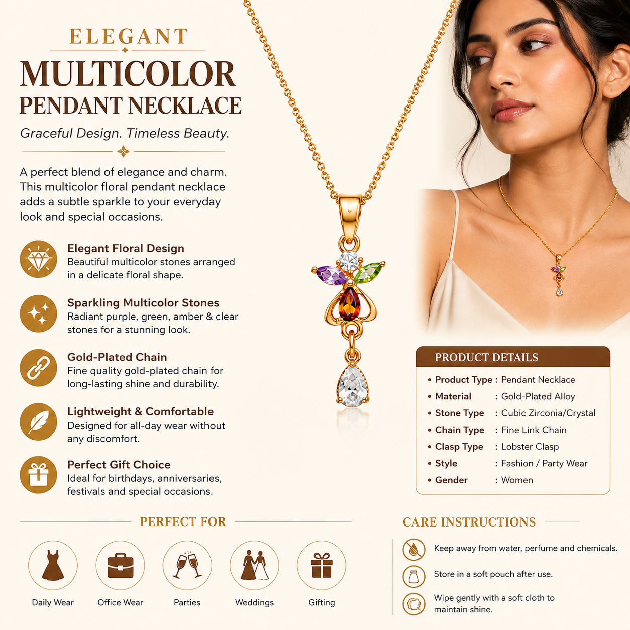 Elegant Multicolor Floral Pendant Necklace for Women | Gold-Plated Chain with Crystal Drop | Lightweight Fashion Jewelry