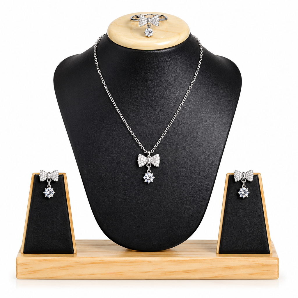 Elegant Bow Pendant Necklace Set for Women | Silver-Plated Crystal Jewelry Set with Earrings &amp; Ring