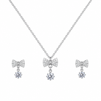 Elegant Bow Pendant Necklace Set for Women | Silver-Plated Crystal Jewelry Set with Earrings &amp; Ring