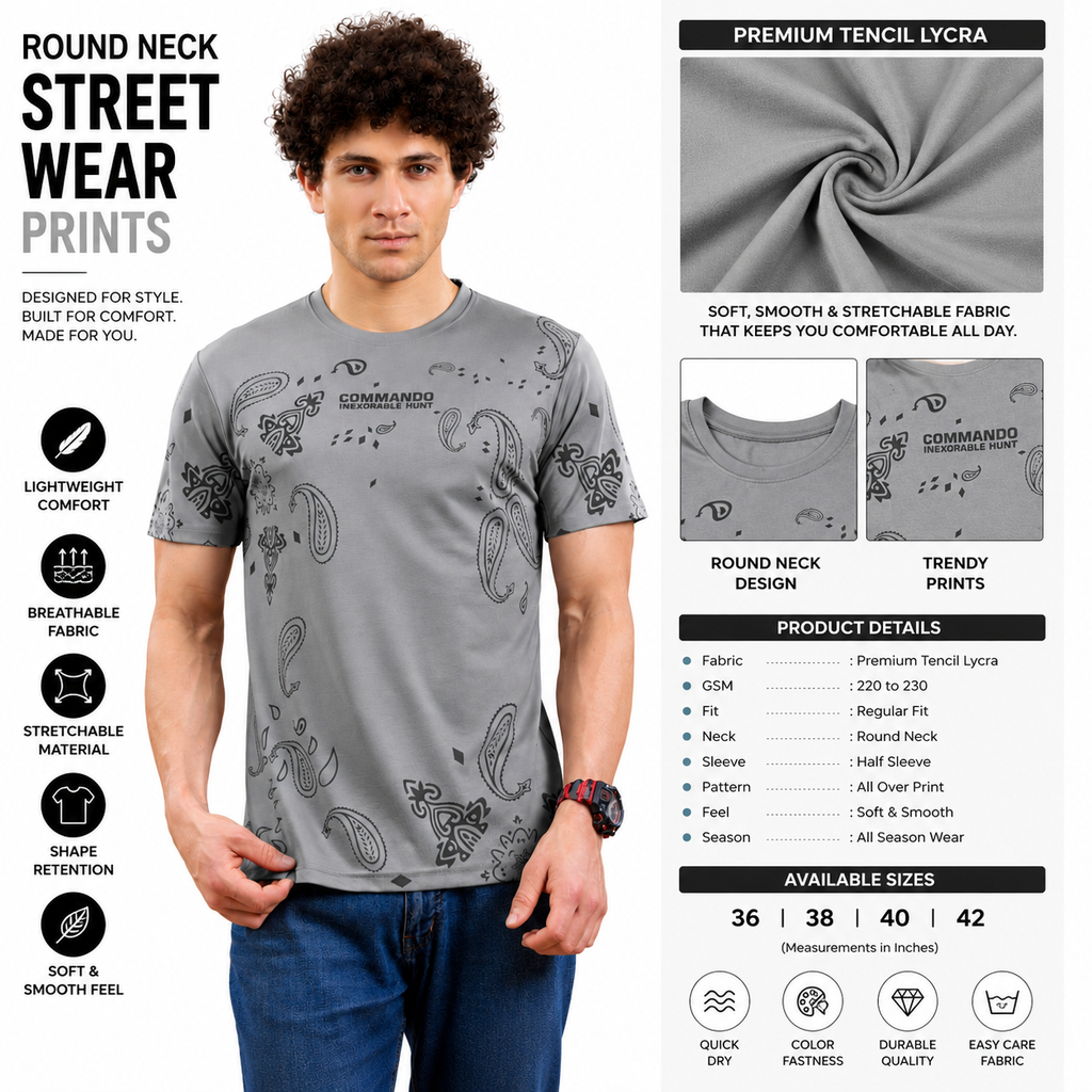 Men's Round Neck Printed T-Shirt | Premium Tencil Lycra Fabric | Half Sleeve Casual Streetwear | Soft & Stretchable | Regular Fit