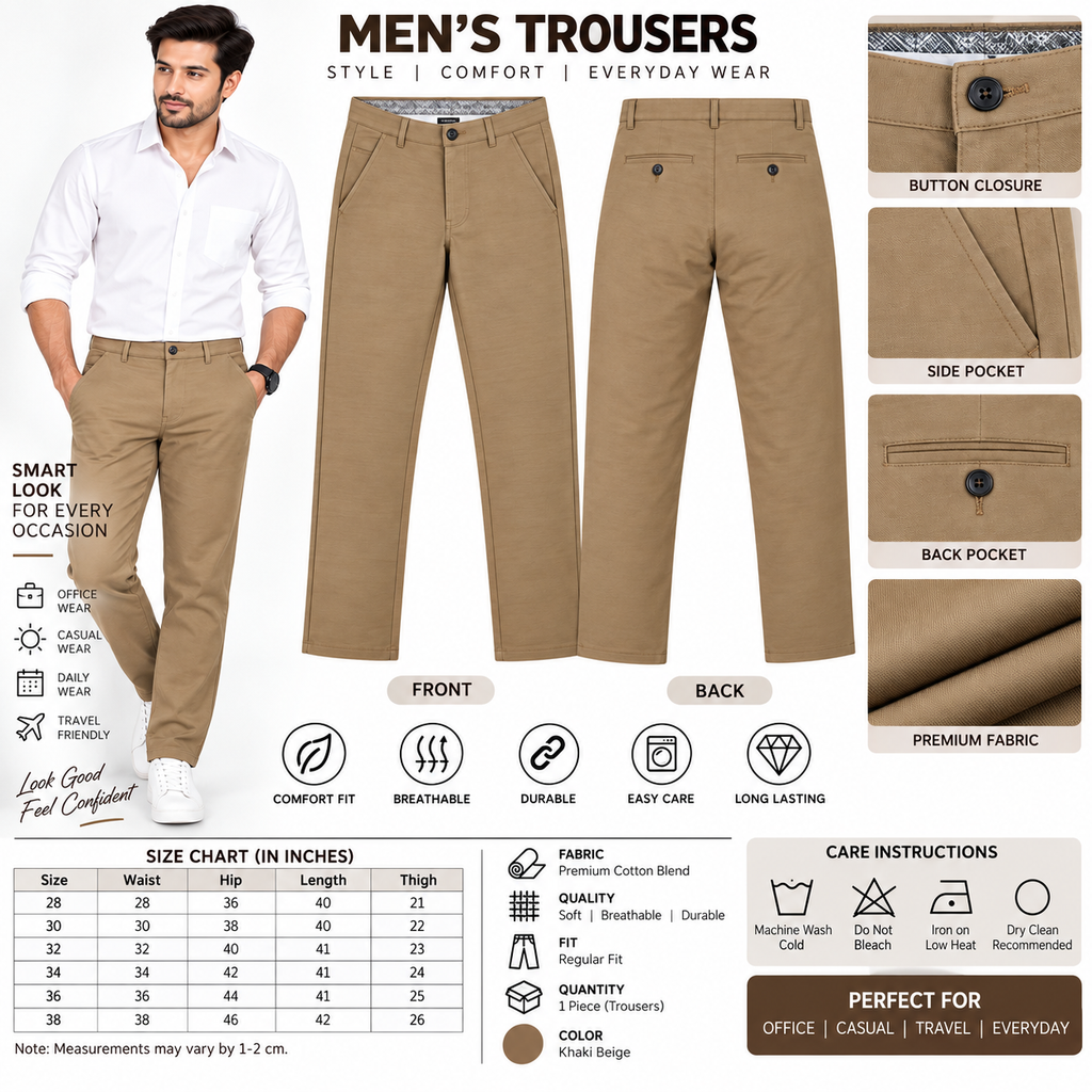 Men’s Slim-Fit Khaki Formal Trousers