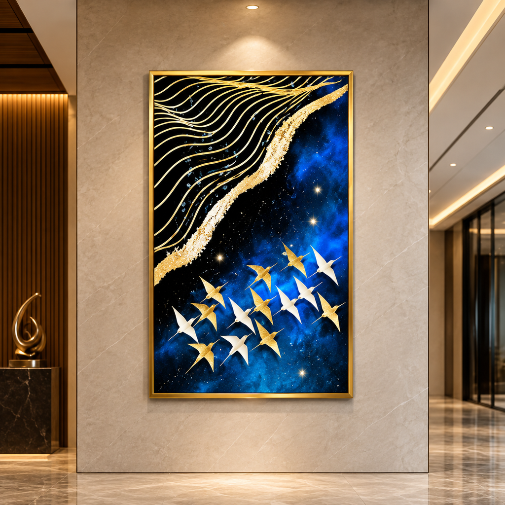 Framed Golden Flock in Cosmic Blue