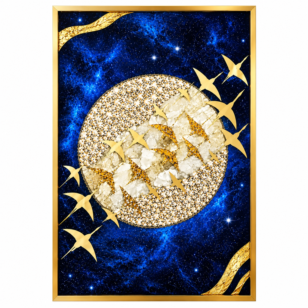 Jeweled Golden Birds in Cosmic Flight