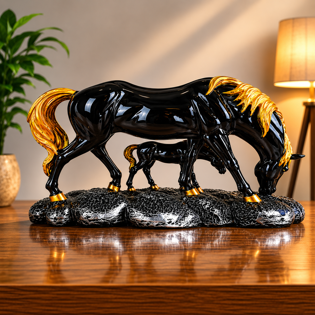 CHIBRO premium resin horse showpiece features a glossy black and gold finish.
