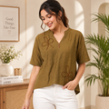 Women’s Olive Brown Embroidered High-Low Top