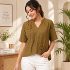 Women’s Olive Brown Embroidered High-Low Top