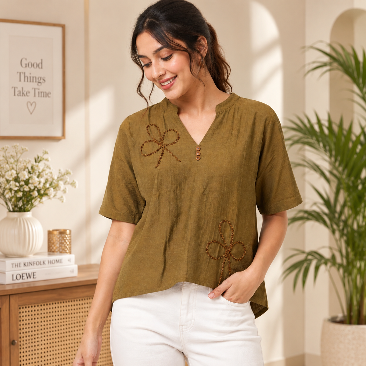 Women’s Olive Brown Embroidered High-Low Top