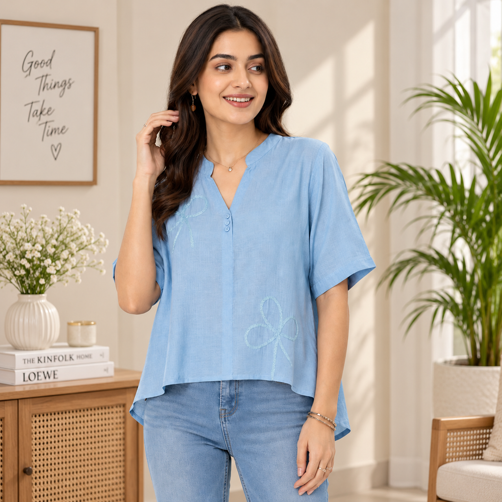 Women’s Sky Blue Embroidered High-Low Top
