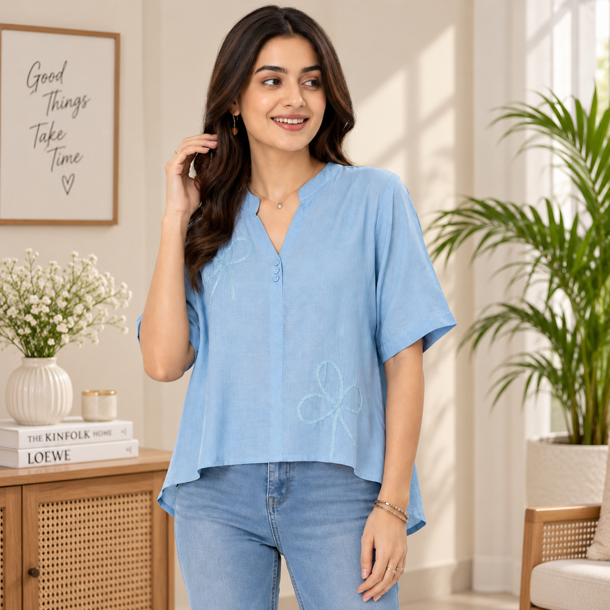 Women’s Sky Blue Embroidered High-Low Top