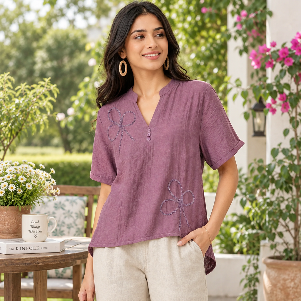 Women’s Mauve Purple Embroidered High-Low Top