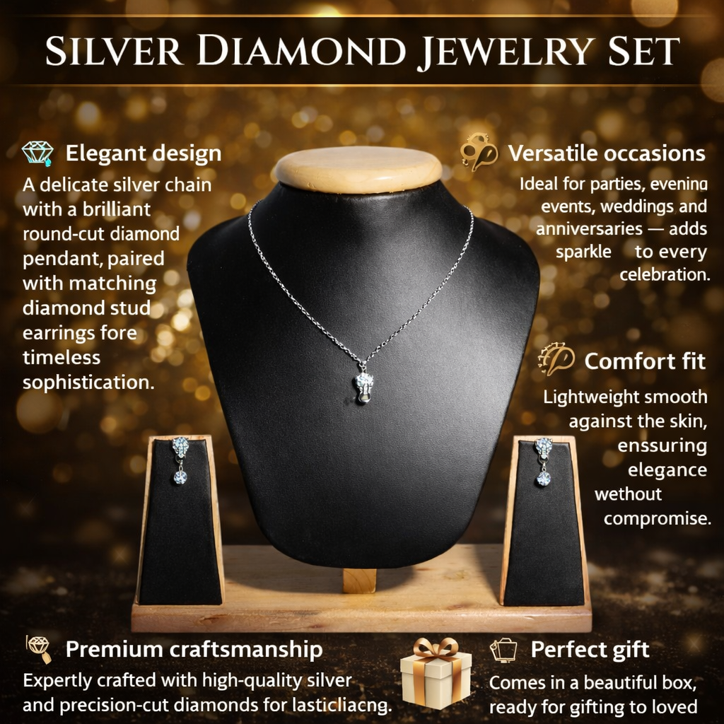 Elegant design &nbsp; A delicate silver chain with a brilliant round-cut diamond pendant, paired with matching diamond stud earrings for timeless sophistication.