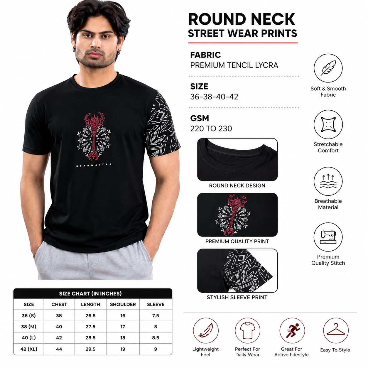 Men's Round Neck Printed T-Shirt | Premium Tencel Lycra Fabric | Street Wear Graphic Print | Half Sleeve Casual Tee | 220-230 GSM | Sizes 36, 38, 40, 42