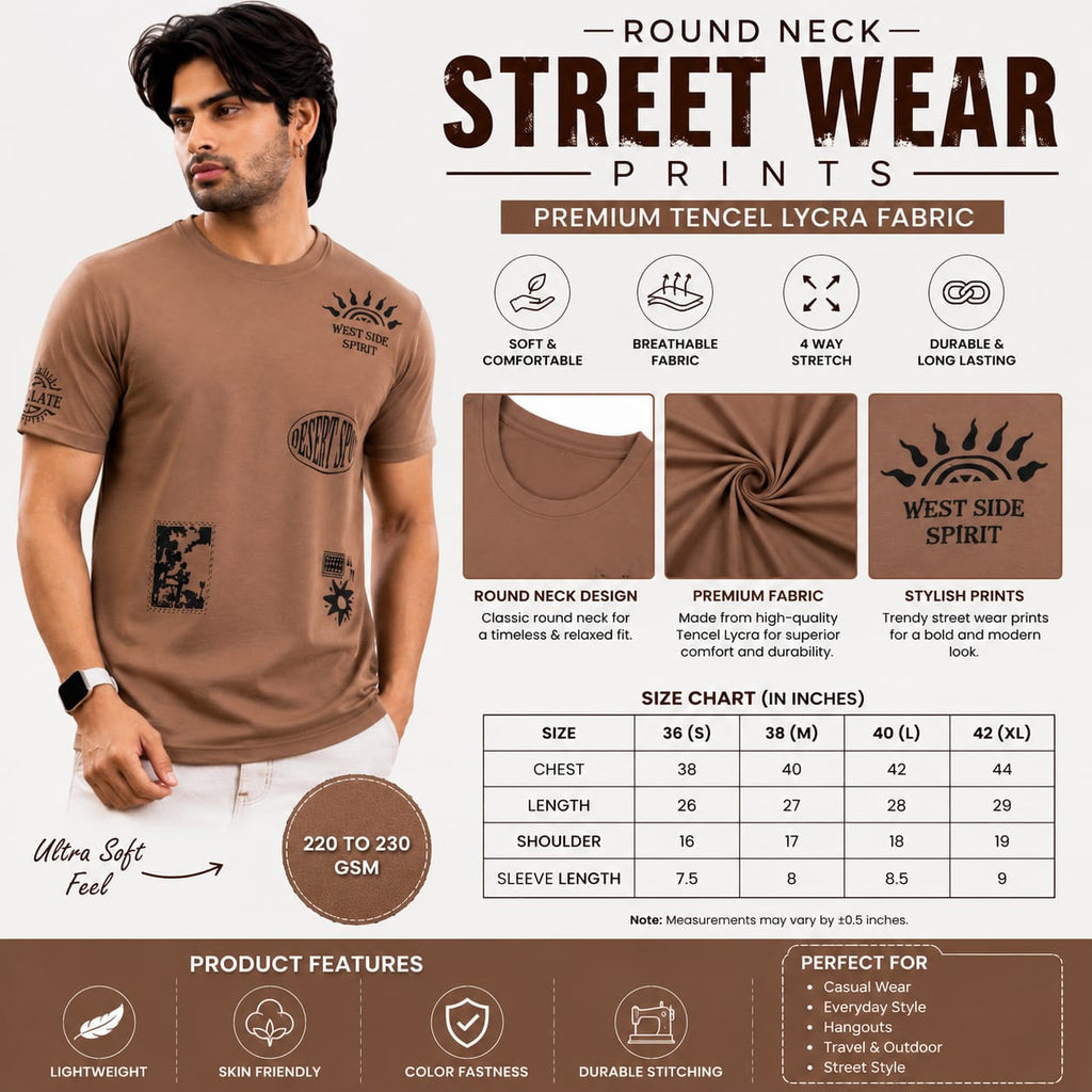 Men's Round Neck Graphic Printed T-Shirt | Premium Tencel Lycra Fabric | Soft Stretch Casual Streetwear Tee | 220-230 GSM
