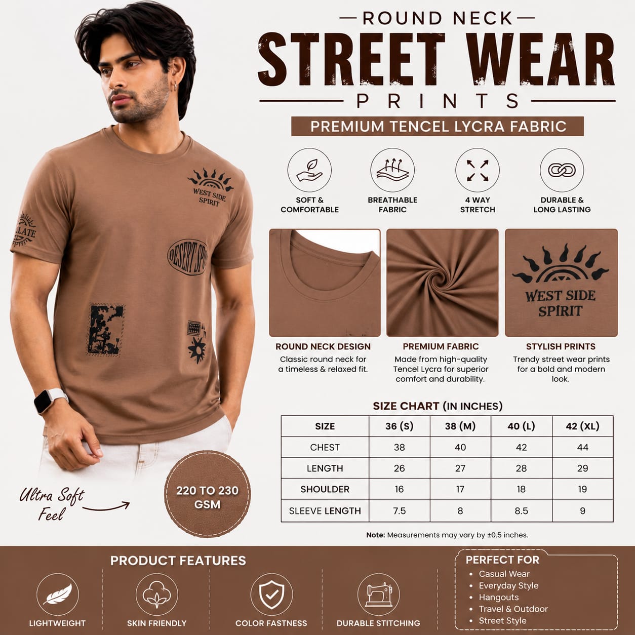 Men's Round Neck Graphic Printed T-Shirt | Premium Tencel Lycra Fabric | Soft Stretch Casual Streetwear Tee | 220-230 GSM