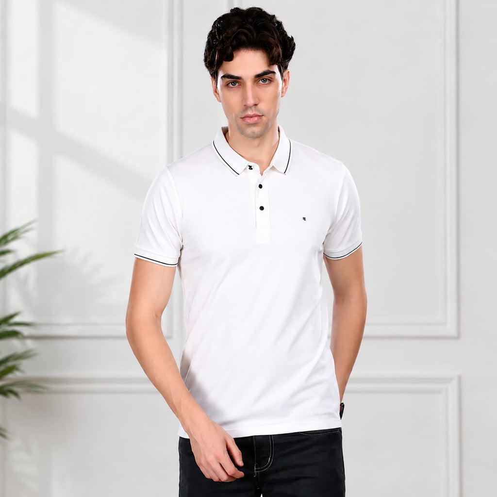 Men's Premium Imported HD Pique Lycra Polo T-Shirt | Solid White | Soft Stretch Half Sleeve Collared Casual T-Shirt | GSM 220