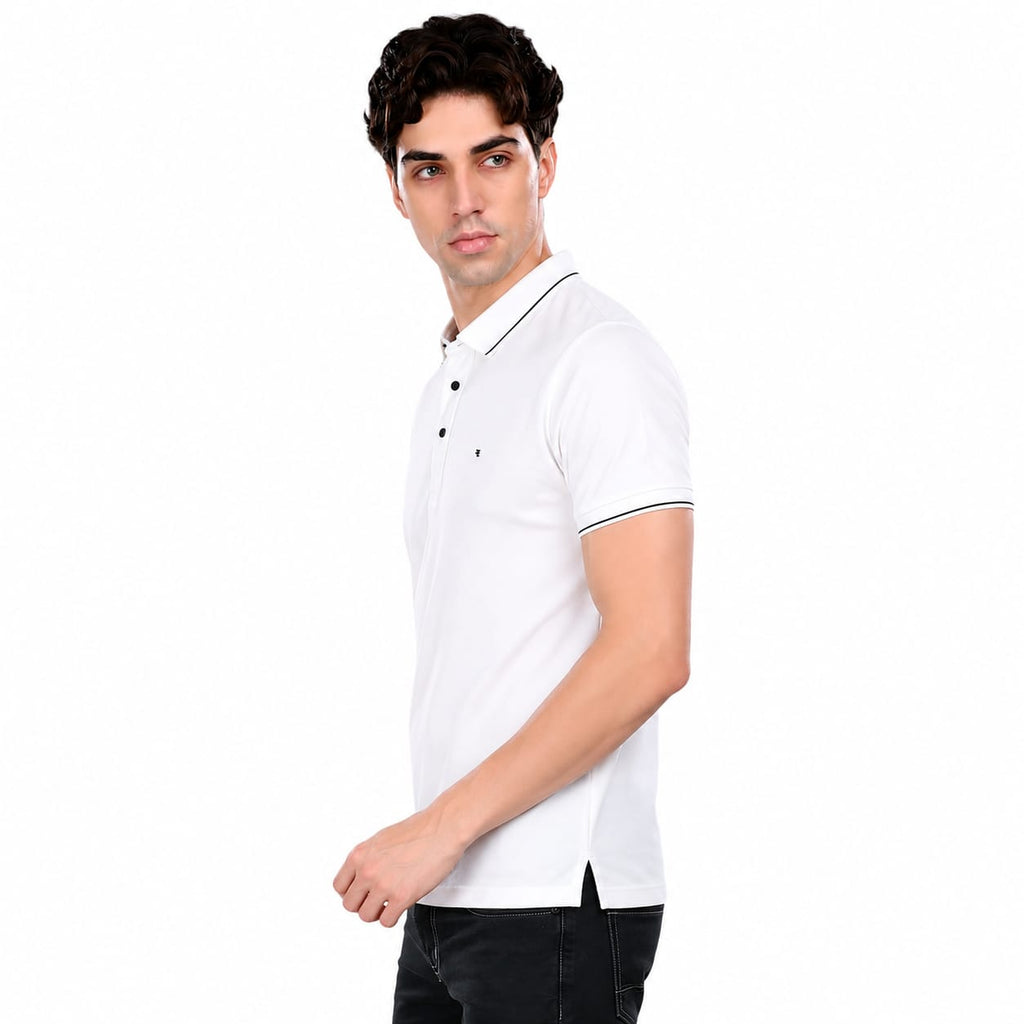 Men's Premium Imported HD Pique Lycra Polo T-Shirt | Solid White | Soft Stretch Half Sleeve Collared Casual T-Shirt | GSM 220