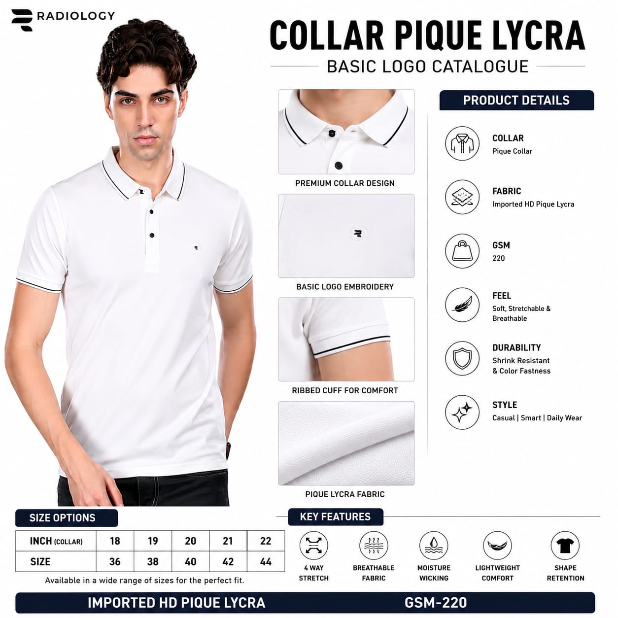 Men's Premium Imported HD Pique Lycra Polo T-Shirt | Solid White | Soft Stretch Half Sleeve Collared Casual T-Shirt | GSM 220