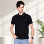 Men's Solid Black Polo T-Shirt | Imported HD Pique Lycra Fabric | 220 GSM | Regular Fit | Half Sleeve Collared Casual T-Shirt