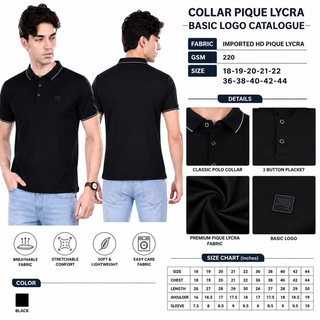 Men's Solid Black Polo T-Shirt | Imported HD Pique Lycra Fabric | 220 GSM | Regular Fit | Half Sleeve Collared Casual T-Shirt