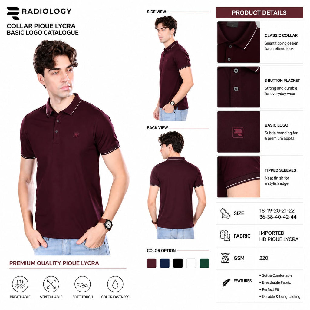 Imported HD Pique Lycra Fabric | Half Sleeve Collar T-Shirt | Regular Fit | GSM 220 | Casual & Daily Wear