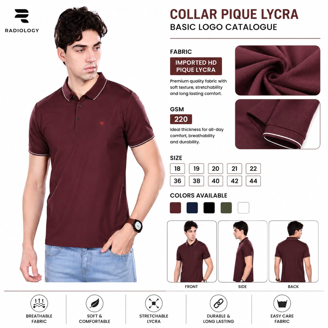 Imported HD Pique Lycra Fabric | Half Sleeve Collar T-Shirt | Regular Fit | GSM 220 | Casual & Daily Wear