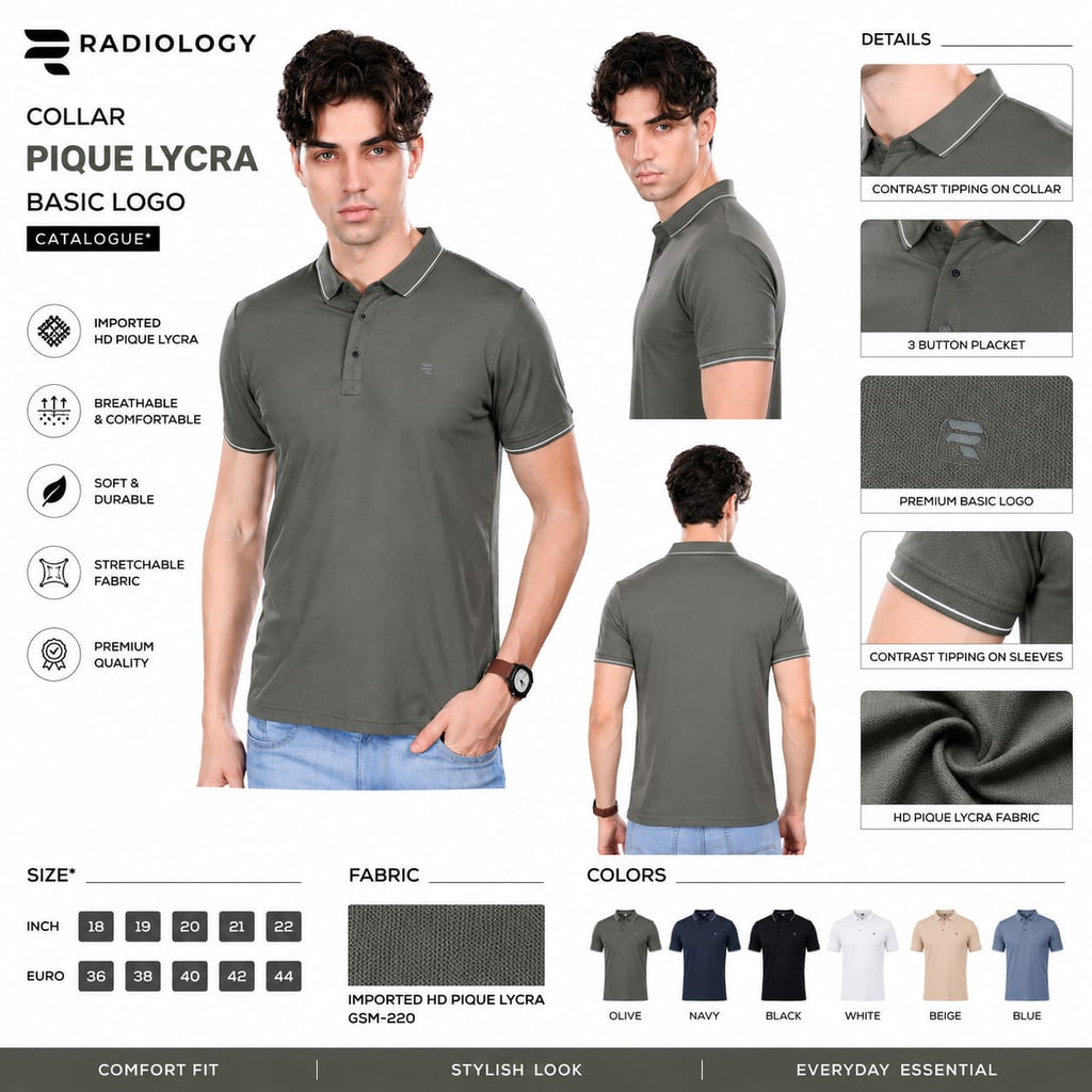 T-Shirt | Imported HD Pique Lycra Fabric | 220 GSM | Solid Casual Collar T-Shirt | Regular Fit | Half Sleeves