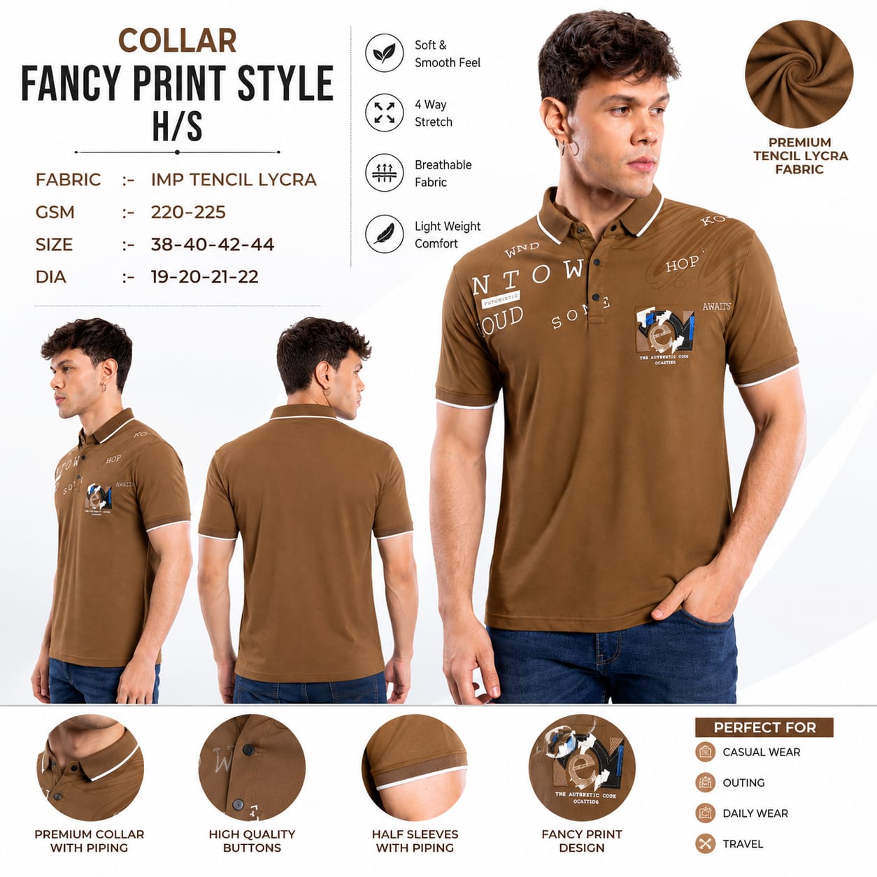 Men's Printed Polo T-Shirt | Premium IMP Tencil Lycra Fabric | Half Sleeve Casual Collar T-Shirt | Soft & Stretchable | Brown