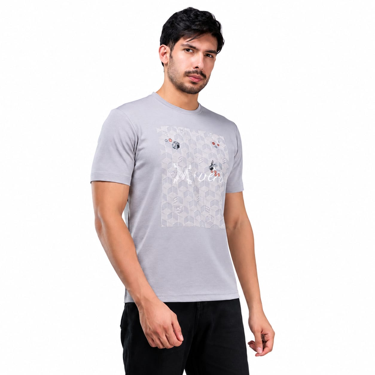 MENOLOGY Men's Holistic Printed Round Neck Half Sleeve T-Shirt | Imported Canvas Fabric | Regular Fit | Light Grey